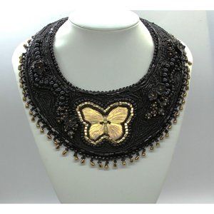 HAND BEADED black collar necklace, gold butterfly, flowers 3 1/2" x 18"